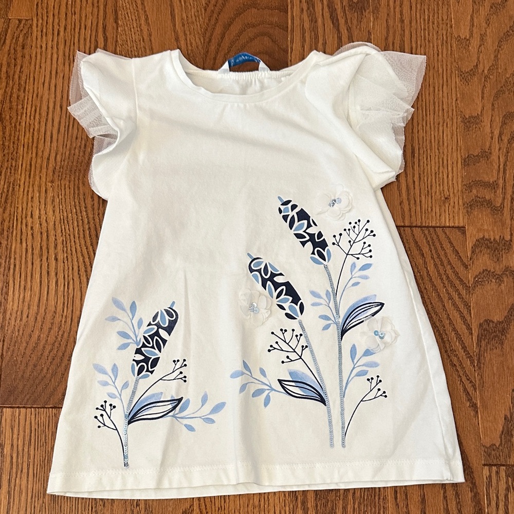 NWOT Mayoral White Tee with Blue Floral Prints and Tulle Sleeves